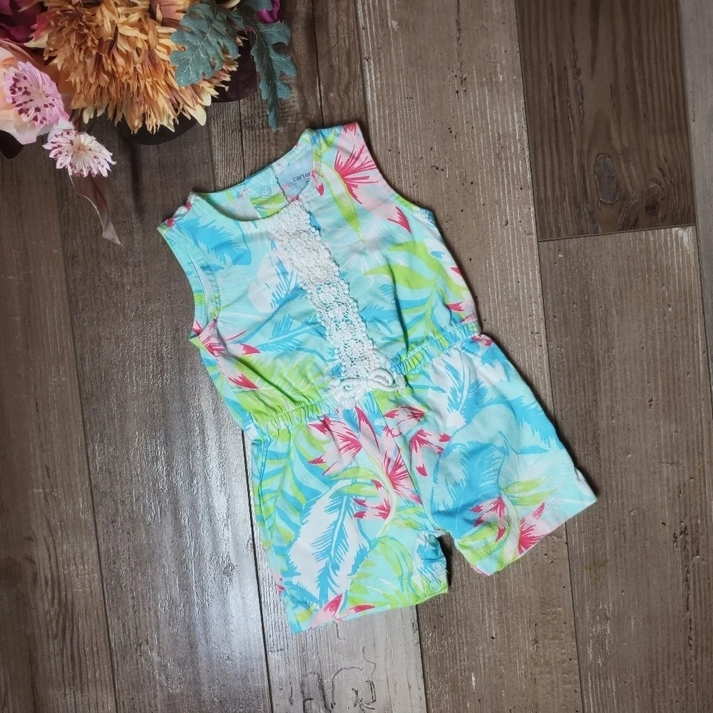 Carter's Blue Tropical Floral Romper Baby Girl Size 3 Months NWOT
